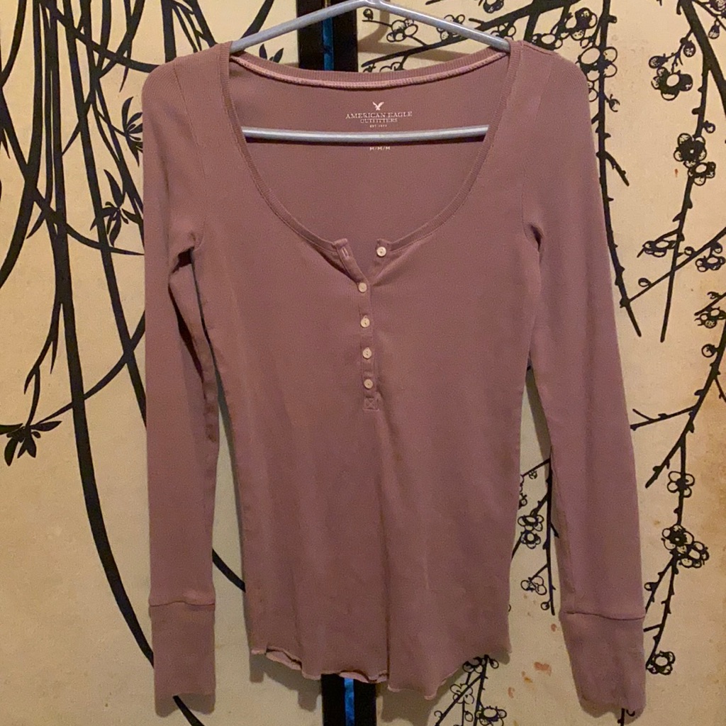 Vtg Y2k American Eagle Mauve Dusty Pink Ribbed Henley Top Bella Twilightcore